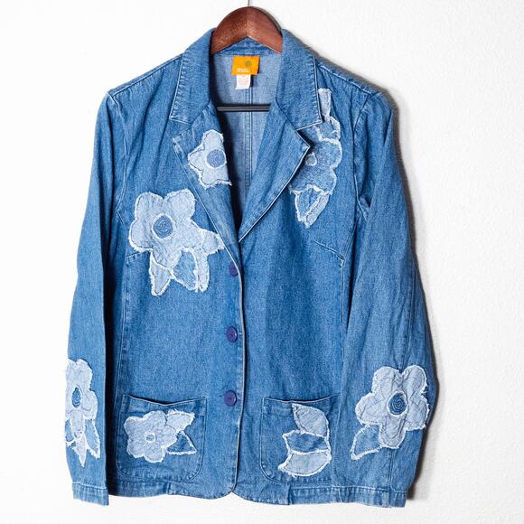 Hearts of Palm Women’s Denim Jacket Boho Charm Cottagecore Floral Applique Sz 14 - Picture 1 of 9